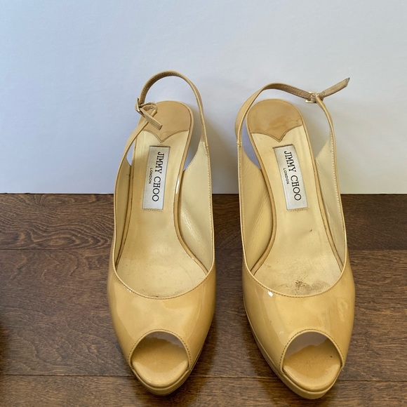 JIMMY CHOO PATENT LEATHER PEEP TOE SLING BACK Size 40 / 10 US Beige Tan - Picture 2 of 8